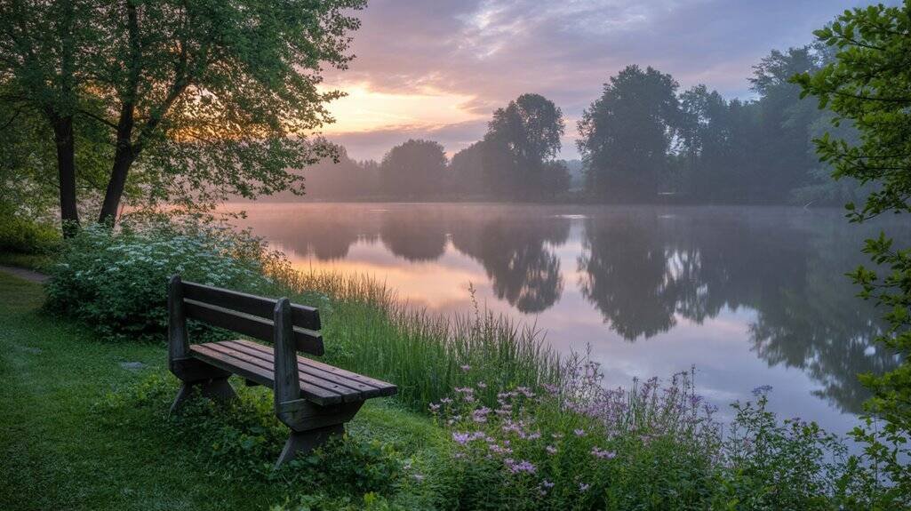 Tranquil lakeside scene at sunrise with lush greenery and a wooden bench, perfect for reflection and prayer, inspired by My Bible Song for spiritual relaxation.