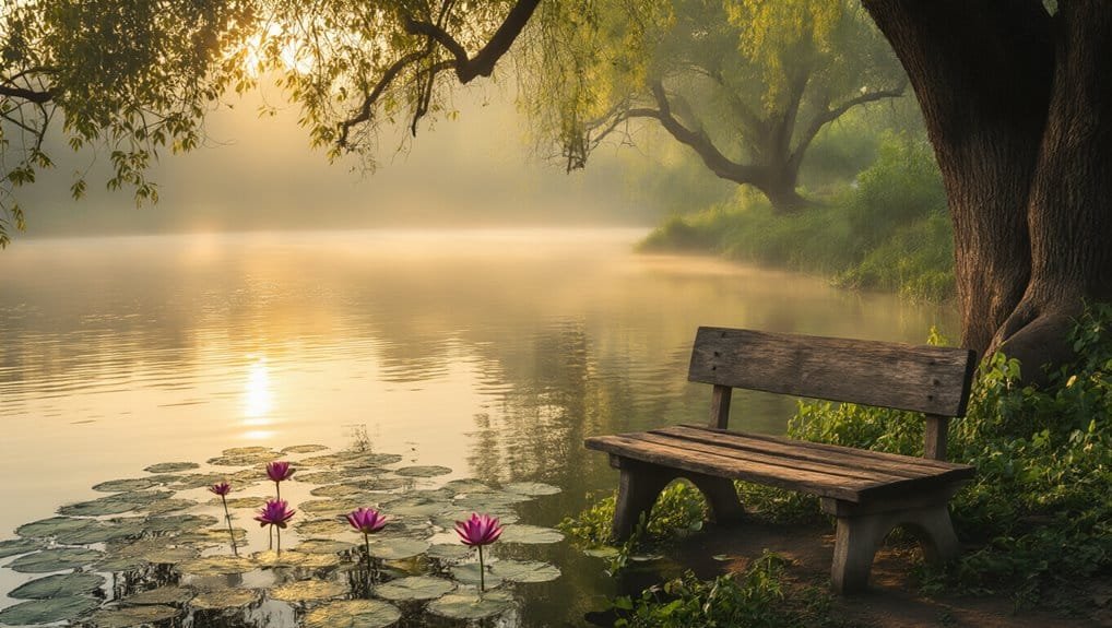 Peaceful lakeside scene with a wooden bench, blooming water lilies, and lush trees, capturing serenity and spiritual reflection, perfect for promoting My Bible Song’s faith-based content.