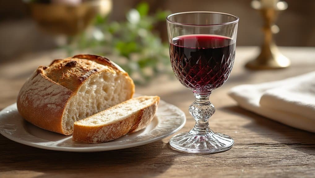 Fresh bread with a glass of red wine on a wooden table.