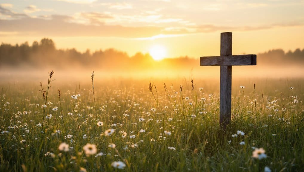 Powerful Morning Bible Verses to Inspire Your Day My Bible Song 2026 Bible cross in a scenic sunrise or sunset field with wildflowers, representing faith and spirituality.