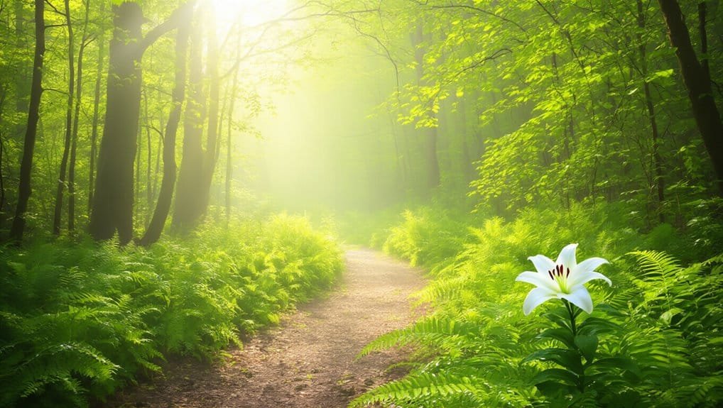 Bright sunlit forest trail with lush greenery and a single white lily flower, symbolizing peace and spiritual growth, perfect for Christian worship, prayer, and Bible song inspiration.