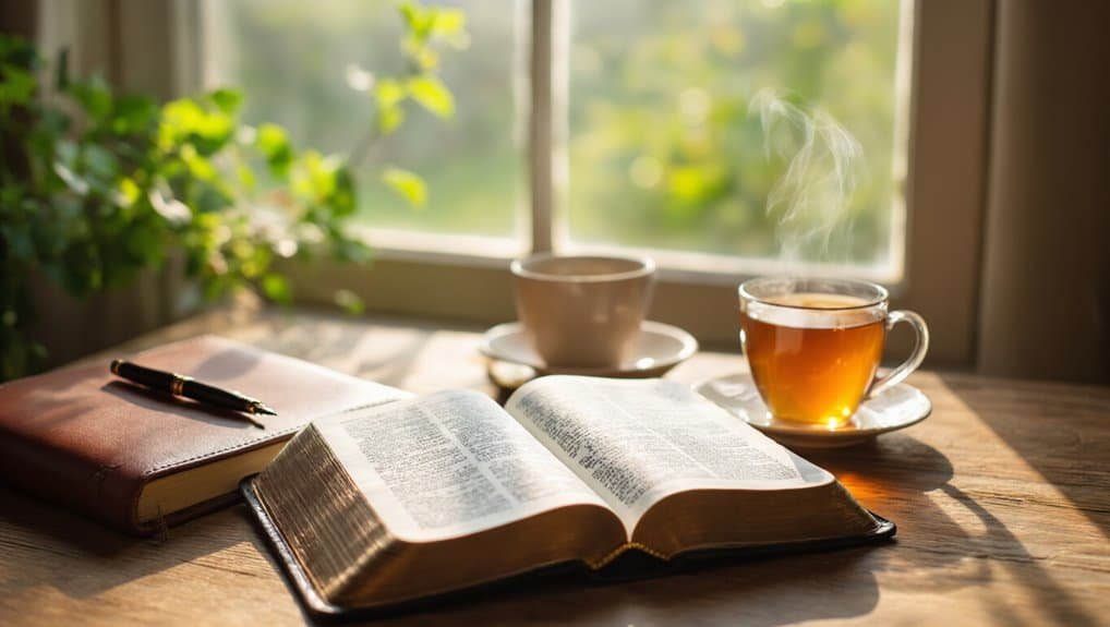 Peaceful morning scene with an open Bible, steaming cup of tea, and a notebook, symbolizing spiritual reflection and devotion inspired by My Bible Song. Perfect for faith-based relaxation and worship.