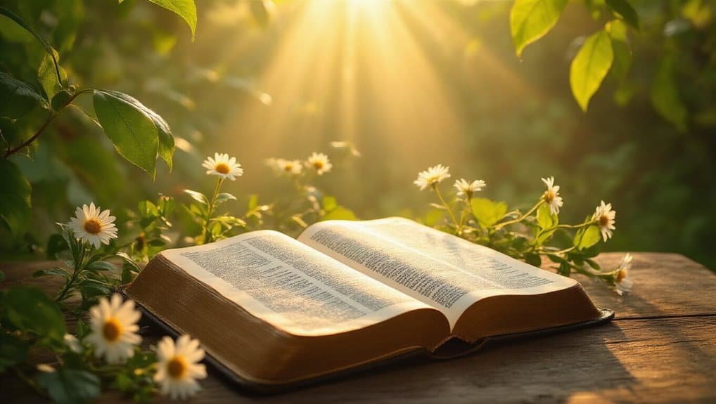 Open Bible on rustic wood table with daisies and greenery, illuminated by warm sunlight, emphasizing faith and spiritual growth, perfect for Christian prayer, biblical study, and worship.