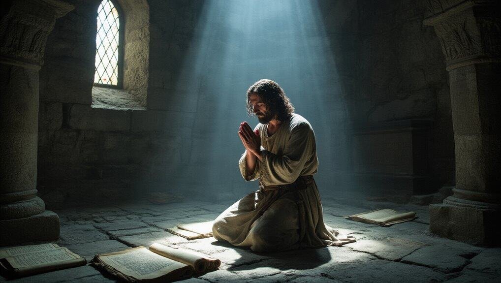 Prayerful Jesus Christ praying inside a historic stone church with sunlight streaming through stained glass windows, surrounded by open Bible books, reflecting faith and devotion in Christian worship.
