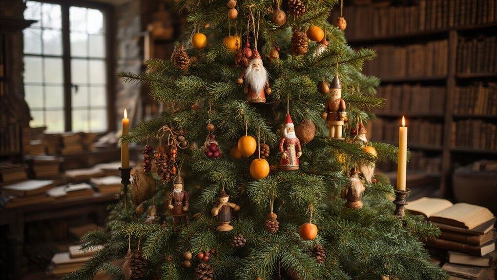 Christmas tree decorated with wooden ornaments and candles in a cozy reading room, evoking holiday spirit and faith-inspired celebration.