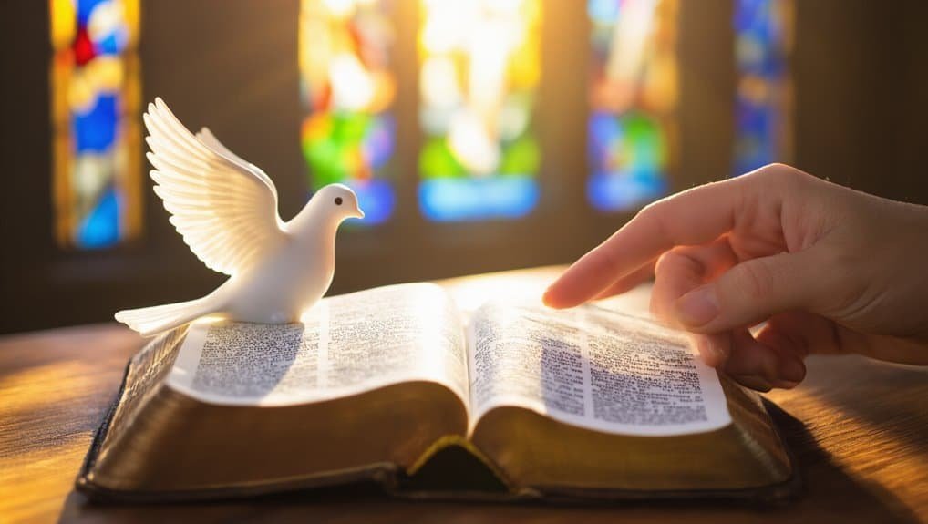 Graceful dove figurine resting on open Bible with stained glass windows in background, symbolizing peace, faith, and spiritual connection through Christian songs and Bible teachings for believers.
