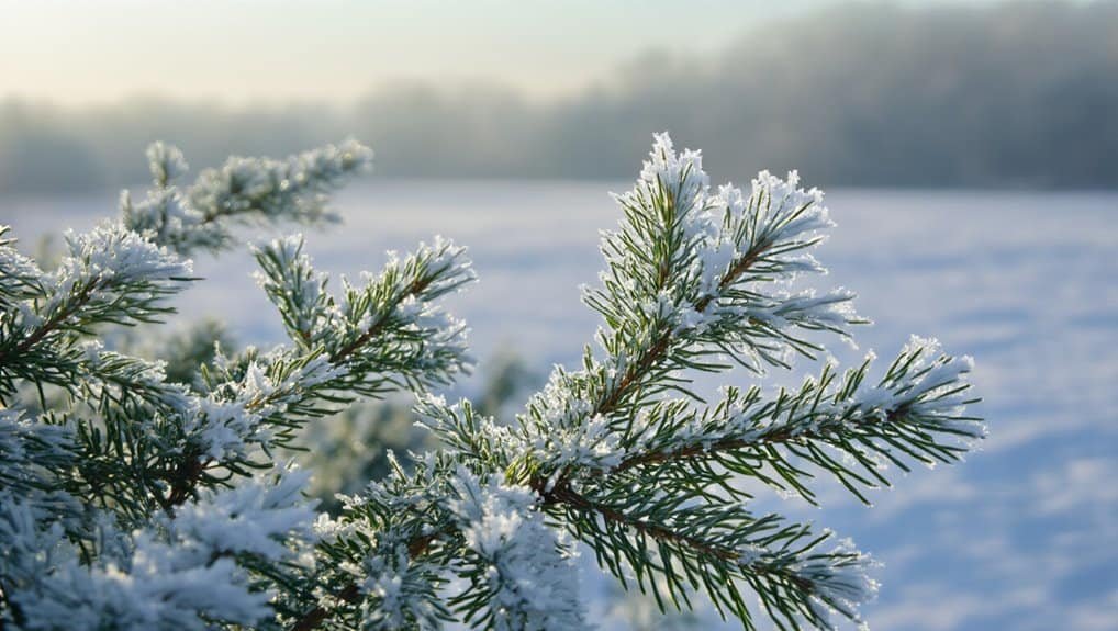 Snow-covered pine branch in a winter landscape, symbolizing peace and faith during the holiday season, perfect for Christian song lyrics and Bible-related content.