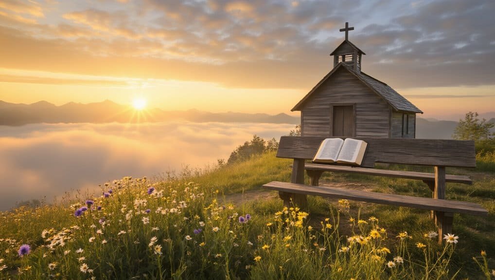 30 Billy Graham Famous Quotes That Inspire Faith My Bible Song 2026 Sunrise over a wooden church with open Bible on a bench in a field of wildflowers, symbolizing faith, spirituality, and worship. Perfect for Christian prayer, Bible study, and religious inspiration.