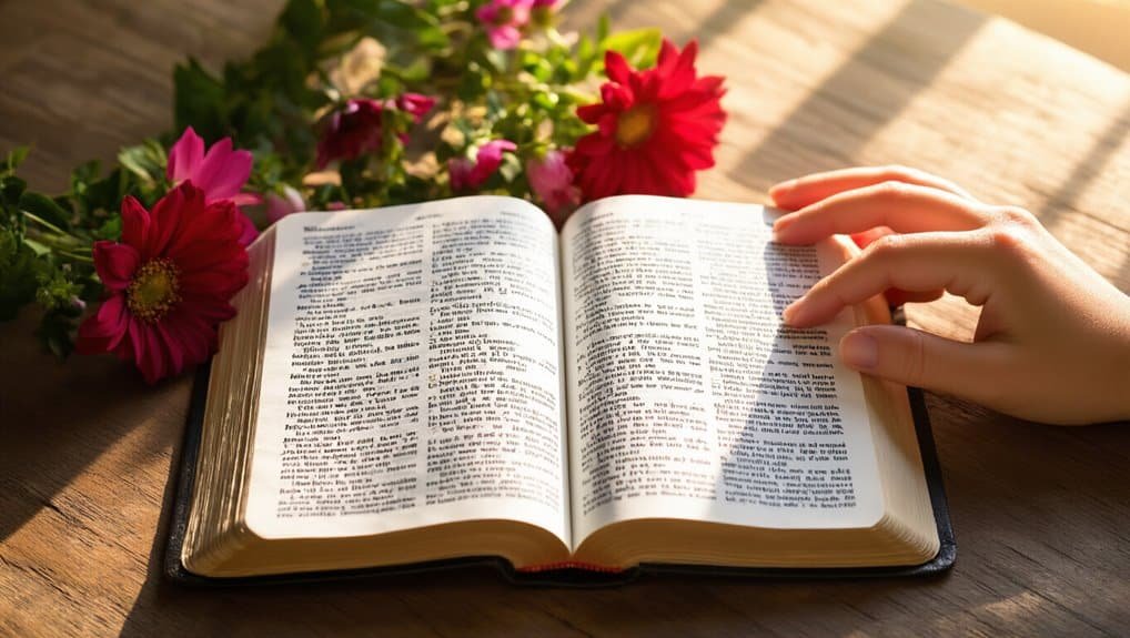 Colorful flowers and an open Bible on a wooden table, illustrating devotion, faith, and Bible study for spiritual growth and inspiration.