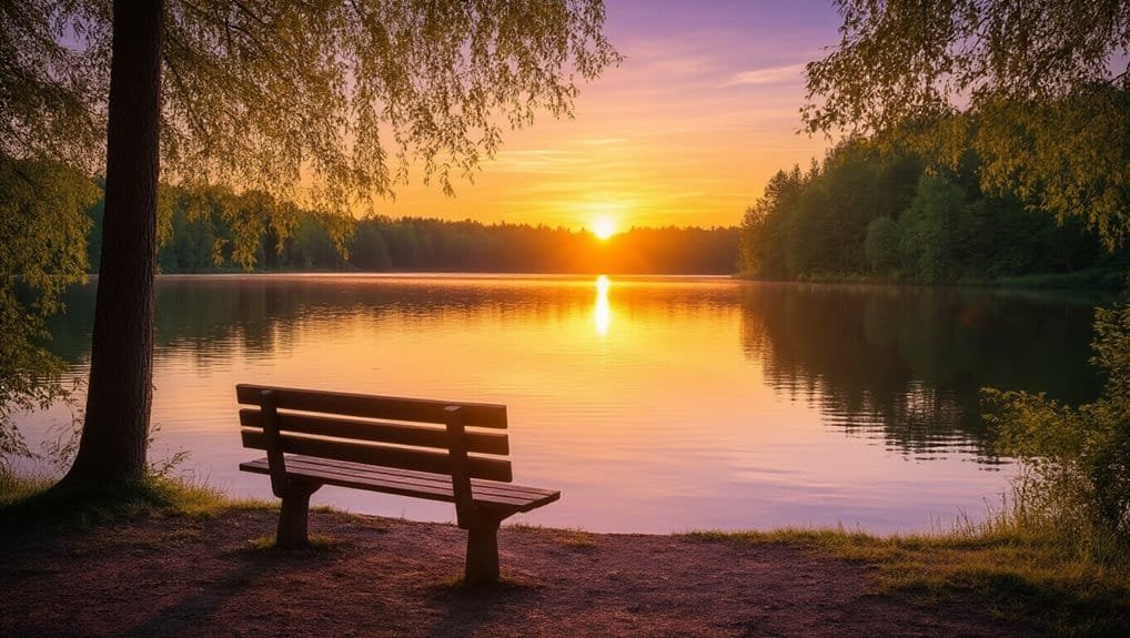Serene lake at sunset with a wooden bench, peaceful nature scene perfect for reflection and worship, capturing the beauty of God's creation and inspiring moments for prayer and praise.