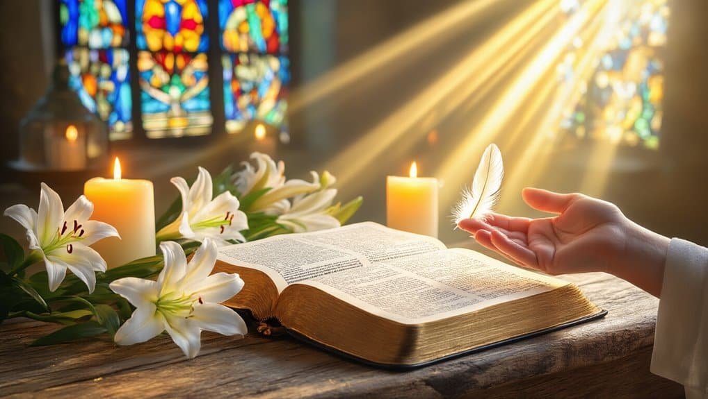 Soft focus church altar with open Bible, white lilies, candles, and sunlight shining through stained glass windows, emphasizing Christian worship and devotional setting for My Bible Song.