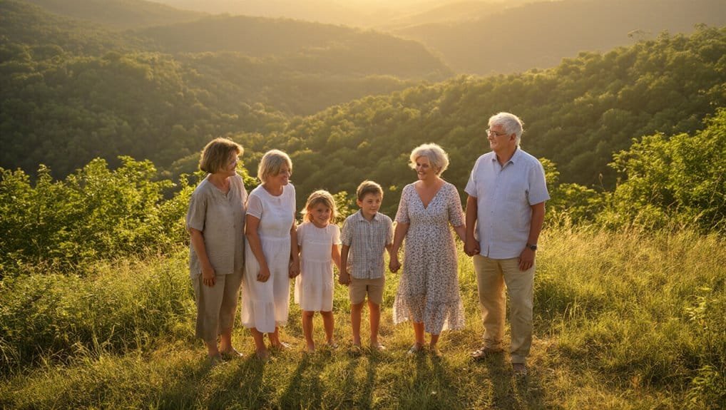 Family enjoying quality time outdoors in a scenic mountain landscape, perfect for promoting faith-based family activities and Christian music through My Bible Song.