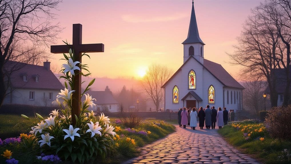 A beautiful sunset at a small church with stained glass windows, a cross surrounded by lilies and colorful flowers, and a congregation gathered for prayer or hymn singing.
