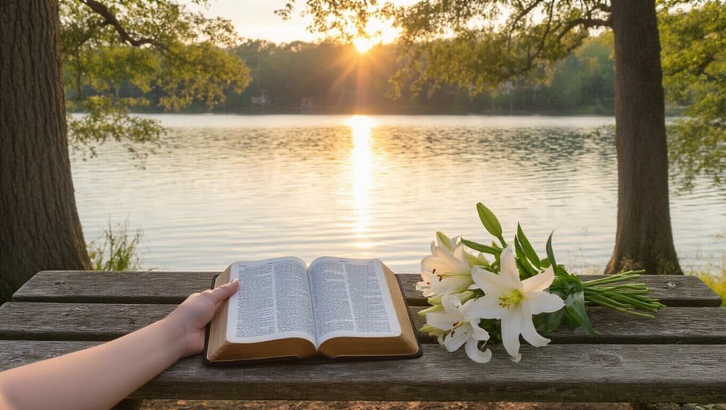 Psalm 23 Bible open on a wooden bench by the lake at sunset, with lilies and a hand resting on the scripture, emphasizing faith and serenity.