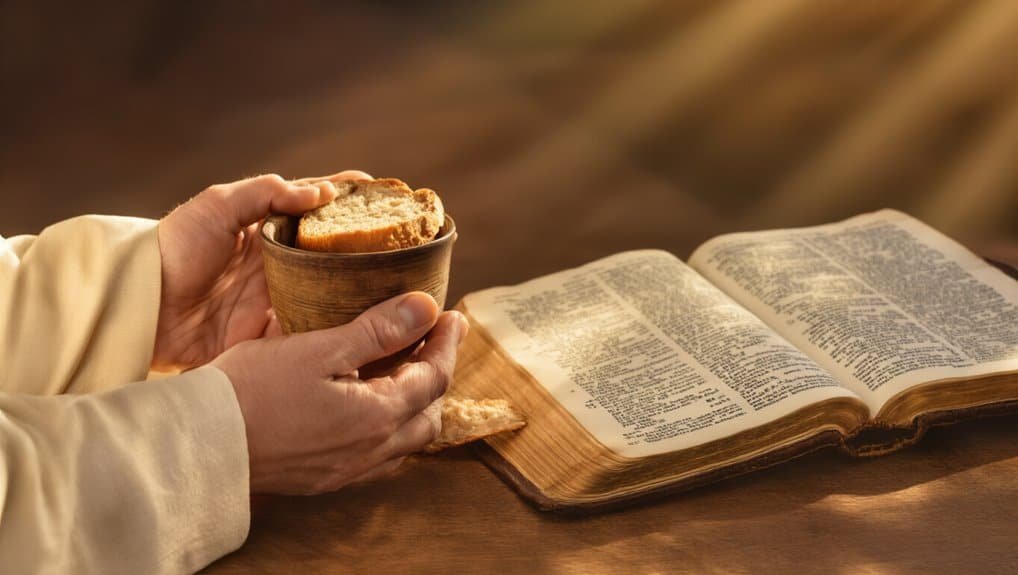 Powerful Holy Communion Scriptures for Faith and Worship My Bible Song 2026 Fresh bread in hands with open Bible on wooden table, symbolizing spiritual nourishment and faith. Perfect for Christian worship, Bible study, and religious inspiration online.