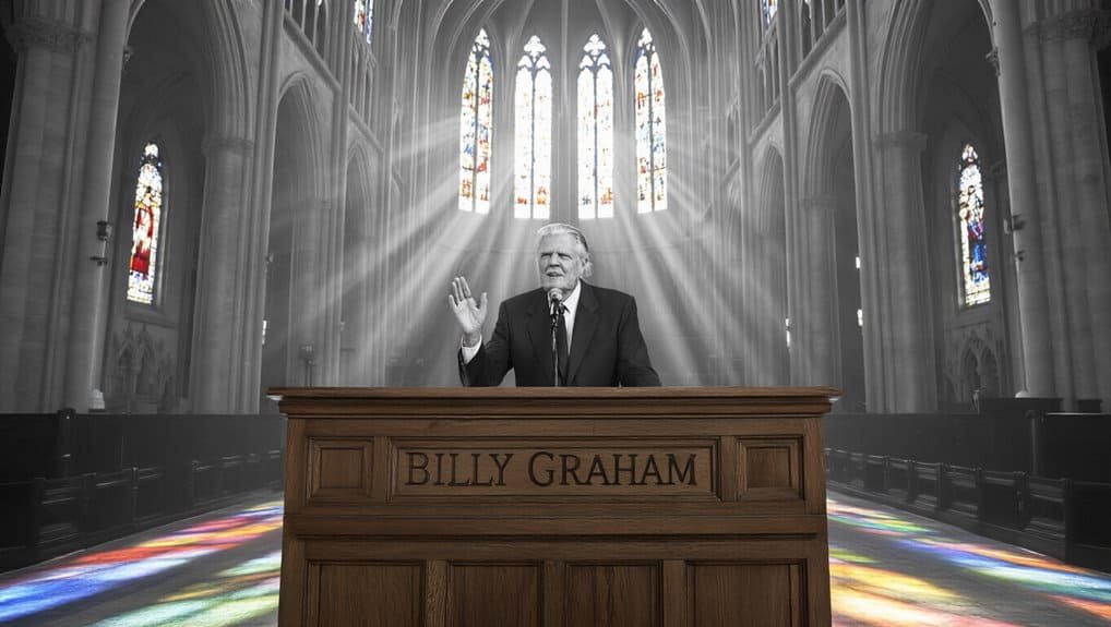 30 Billy Graham Famous Quotes That Inspire Faith My Bible Song 2026 Billy Graham delivering a speech inside a grand, sunlit church with stained glass windows, symbolizing faith, spirituality, and Christian worship.