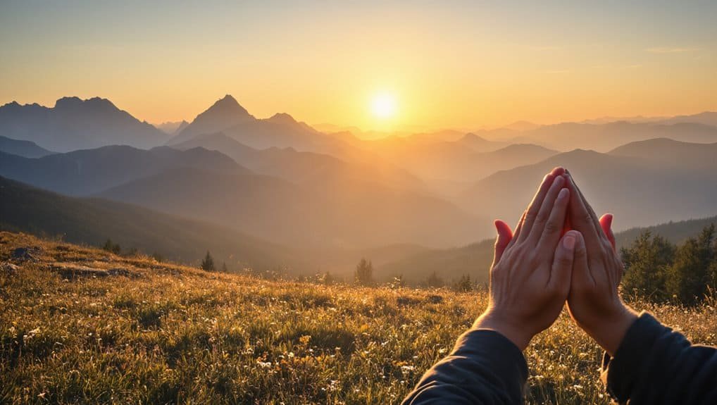 Sunrise over mountain landscape with person praying hands, illustrating devotion and spiritual connection with God through My Bible Song.