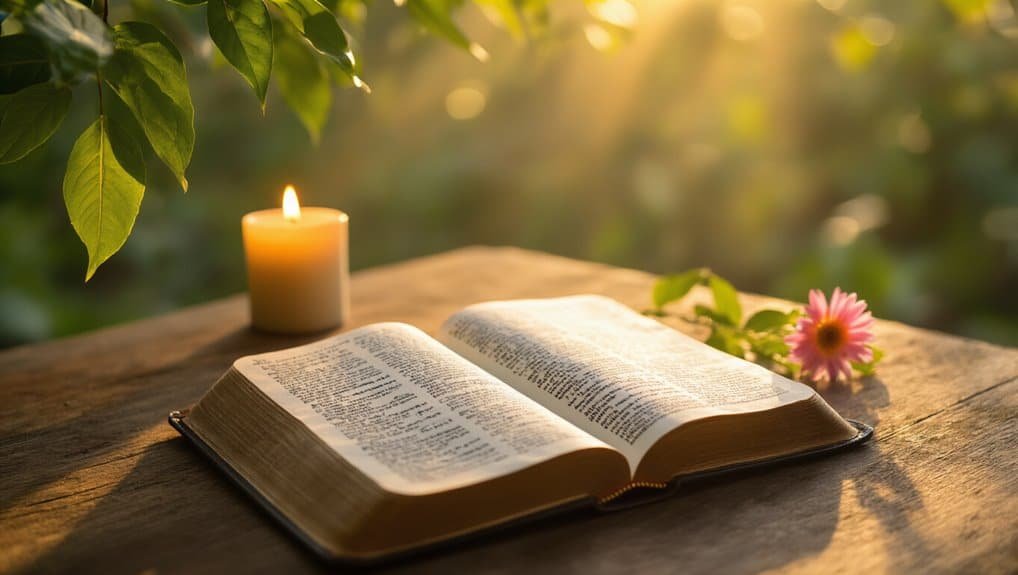 Bible open on a wooden table with a lit candle and pink flower, surrounded by greenery, symbolizing faith, spiritual reflection, and biblical devotion in a serene outdoor setting.