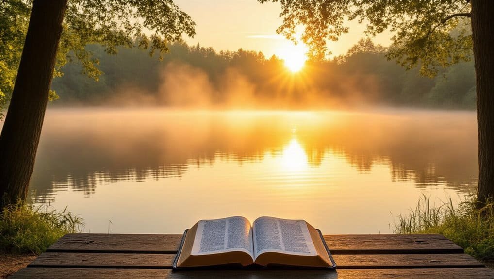 30 Inspirational Morning Bible Verses to Start Your Day with Hope My Bible Song 2026 Serene sunrise over a calm lake with an open Bible on a wooden dock, highlighting spiritual reflection and God's Word in nature.