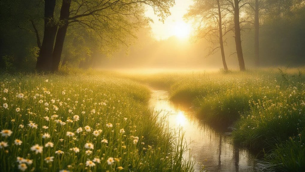 Powerful Morning Bible Verses to Start Your Day My Bible Song 2026 Tranquil sunrise over a peaceful meadow with wildflowers and a gentle stream, evoking calmness and spiritual reflection, perfect for Christian prayer and worship imagery.