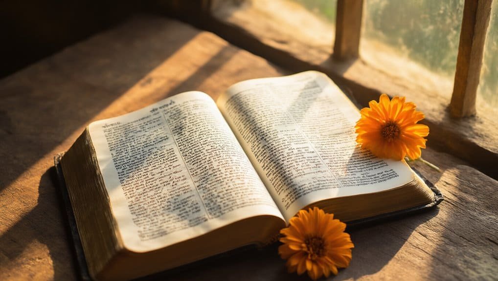 Prayer Bible Quotes in Hindi and English Language My Bible Song 2026 Bible open with orange flowers on rustic wooden surface, peaceful spiritual background for Christian worship and Bible study.