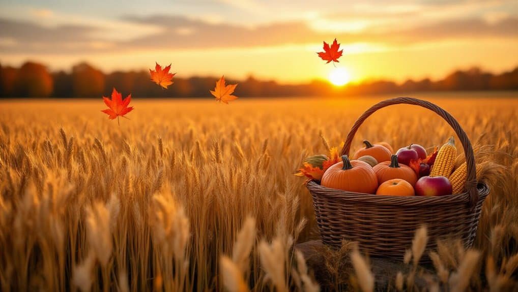 Vibrant autumn harvest basket filled with pumpkins, apples, and corn set in a golden wheat field at sunset with fall leaves in the sky, emphasizing thanksgiving and gratitude themes.