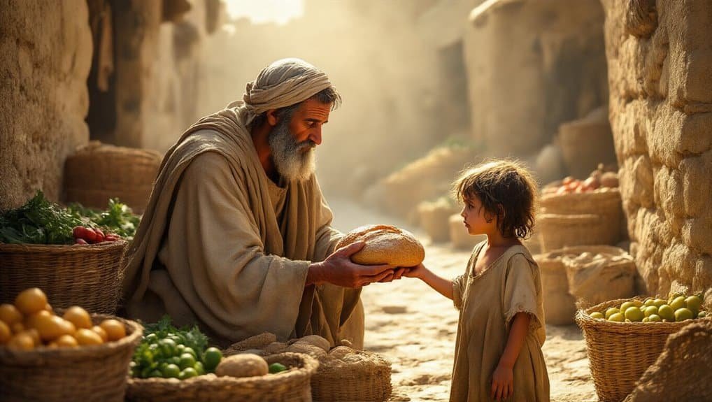 Biblical scene of man giving bread to girl, rural marketplace, spiritual gift, religious reflection, Jesus-inspired moment, faith, charity, ancient Middle Eastern village, Bible story illustration, Christian teaching relevance.
