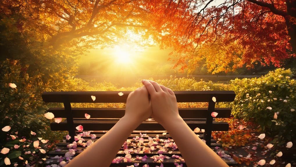 Hope in God's promises during autumn sunset, prayer and reflection on faith, peaceful outdoor scene with praying hands and falling flower petals, inspiring religious meditation.