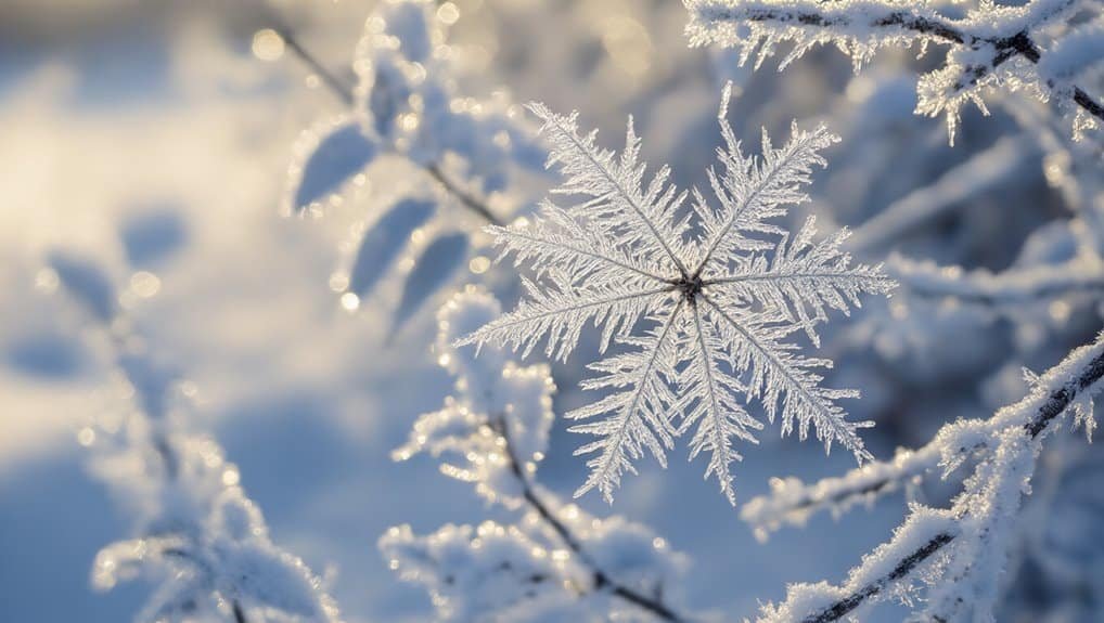 Frost-covered snowflake on a winter branch, representing beauty and serenity in nature.