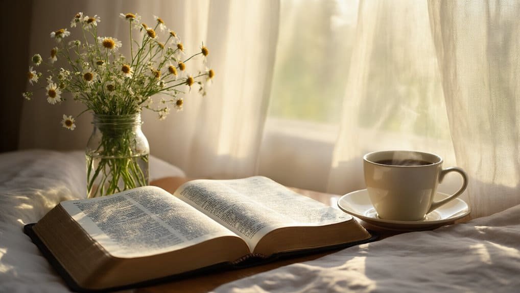 Powerful Morning Bible Verses to Start Your Day My Bible Song 2026 Peaceful morning Bible reading with flowers and coffee, perfect for worship, prayer, and spiritual reflection from My Bible Song. Ideal for devotional time and biblical inspiration.