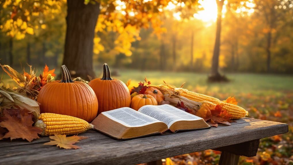 Best Bible Verses for Thanksgiving to Celebrate with Gratitude My Bible Song 2026 Vibrant autumn scene with pumpkins, corn, and an open Bible on a rustic table in a sunlit forest setting, perfect for fall Bible verses and devotional reading.
