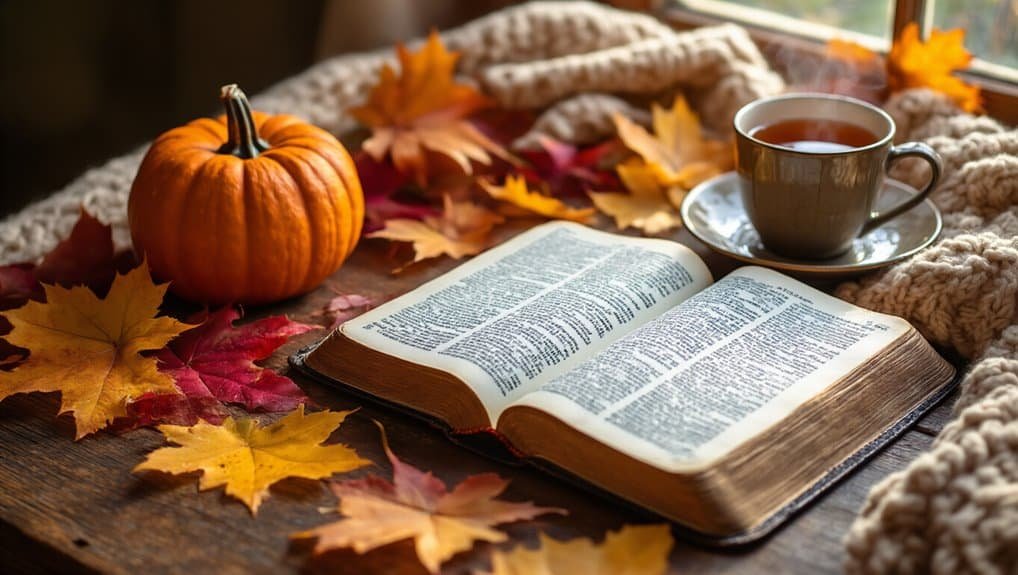 25 Beautiful Fall Season Bible Verses to Celebrate God’s Harvest My Bible Song 2026 Pumpkin, open Bible, and warm drink on a cozy autumn table with fall leaves, perfect for spiritual reflection and seasonal Bible reading.
