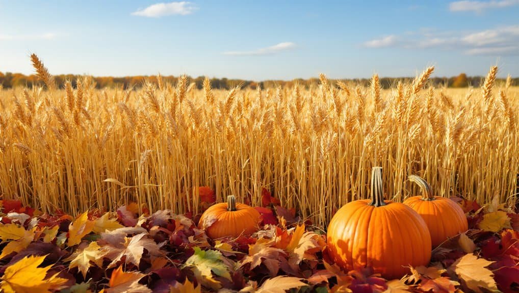 25 Beautiful Fall Season Bible Verses to Celebrate God’s Harvest My Bible Song 2026 Golden wheat field with pumpkins and autumn leaves, celebrating fall harvest and Thanksgiving, perfect for autumn-themed religious songs and Bible-inspired celebrations.