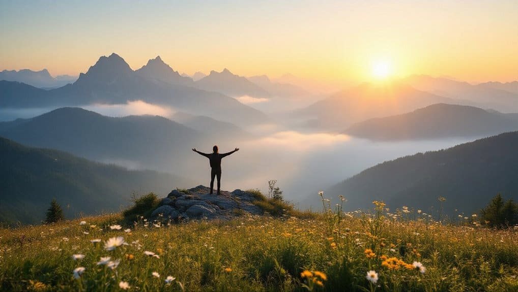 7 Bible Verses About Hope to Lift Your Spirit My Bible Song 2026 Bright sunrise over mountain landscape with a person standing on a rock with outstretched arms, symbolizing spiritual praise and connection with God.