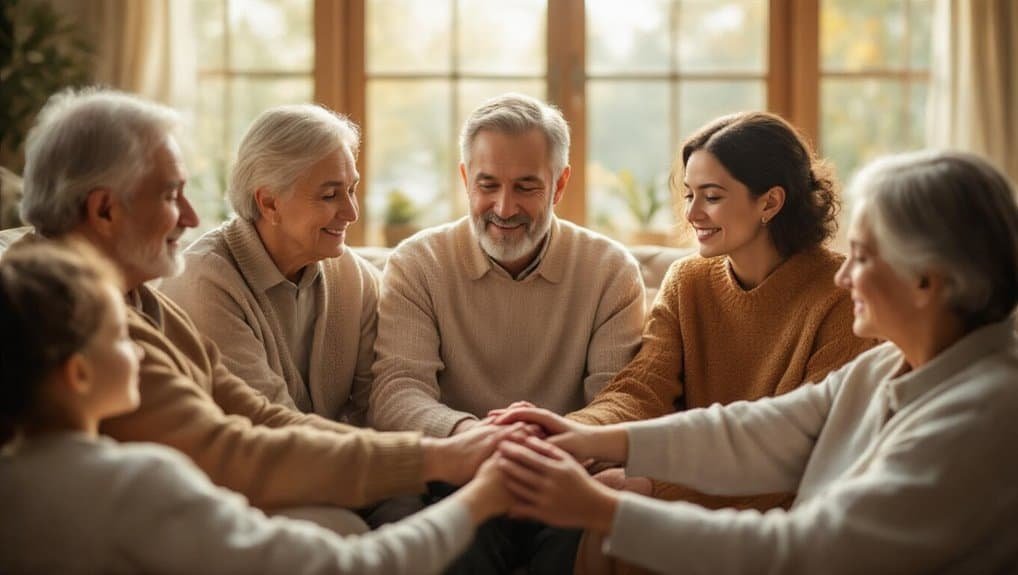 Aging family members praying together in a warm, cozy living room with natural sunlight, emphasizing faith, family, and spiritual connection through biblical songs and prayers.