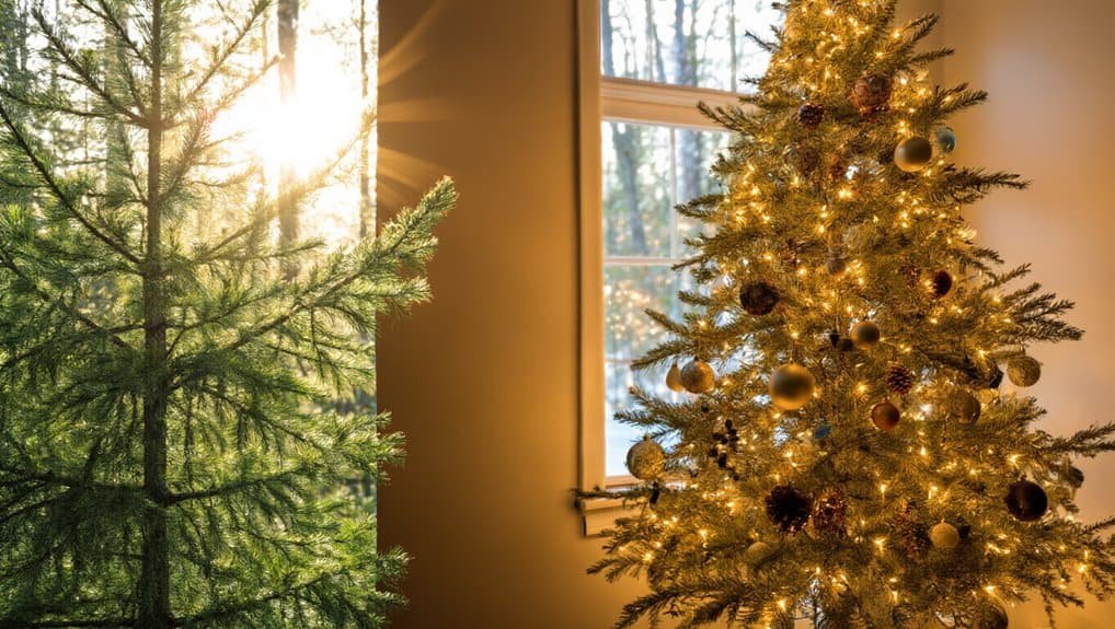 Lush green Christmas tree with sunlight shining through, indoors with decorated illuminated Christmas tree, cozy holiday spirit, warm festive atmosphere, perfect for celebrating Jesus' birth.
