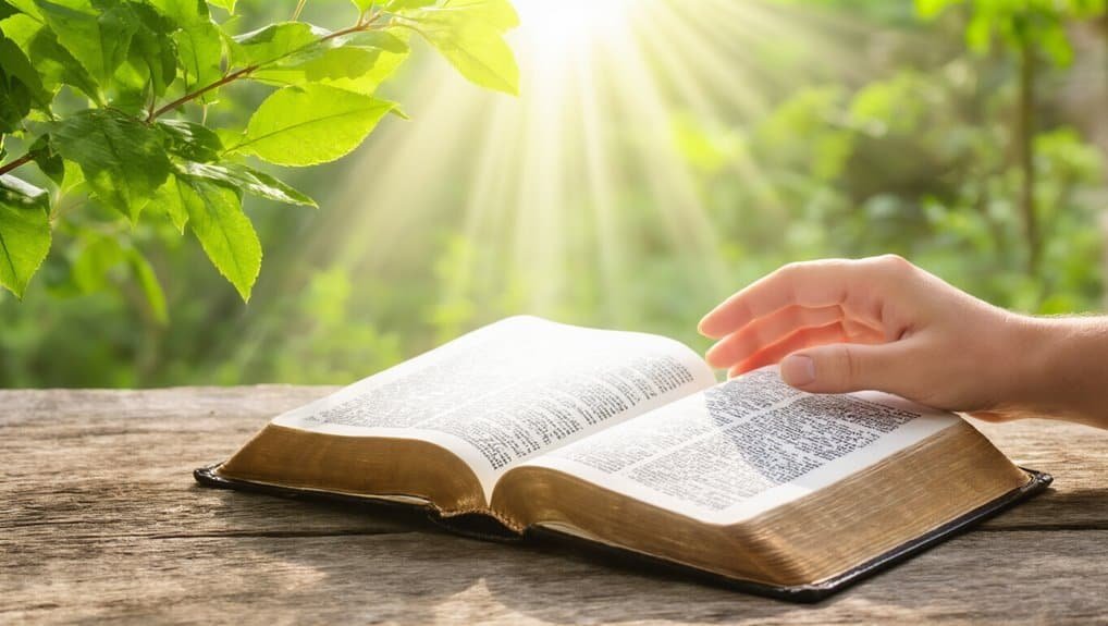 Bible open on a wooden surface outdoors with sunlight and green leaves, symbolizing faith and spirituality.