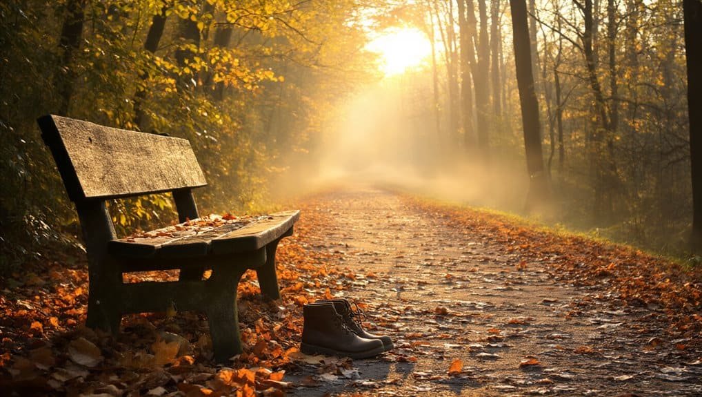 Peaceful autumn forest pathway with sunlight, empty bench, fallen leaves, and a single boot, evoking reflection and serenity, ideal for Bible-inspired reflection and nature worship themes.