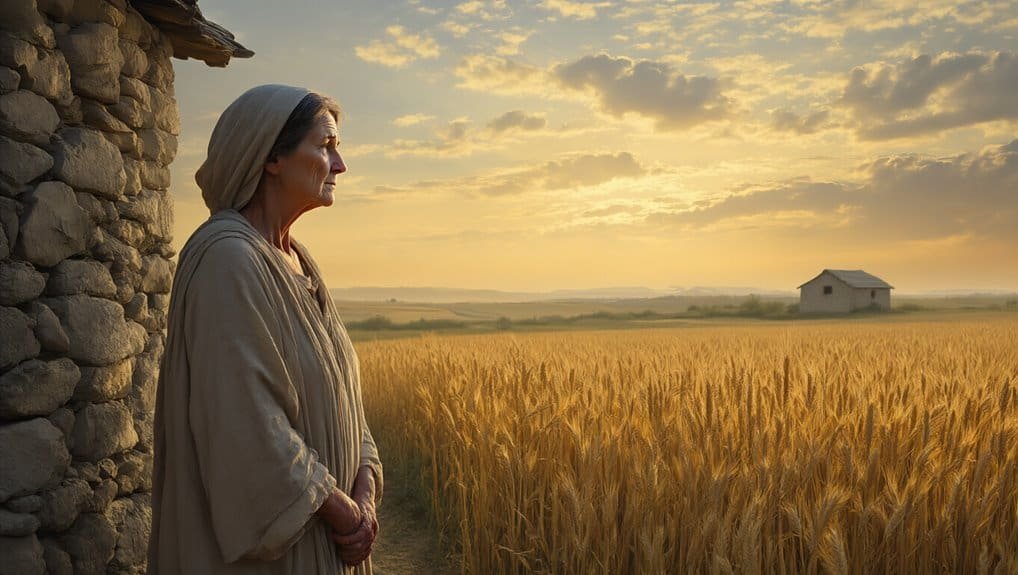 Understanding the Biblical Meaning of Widowhood My Bible Song 2026 Serene elderly woman in biblical attire looking out at a golden wheat field during sunset, symbolizing faith, prayer, and devotion in Christian life.
