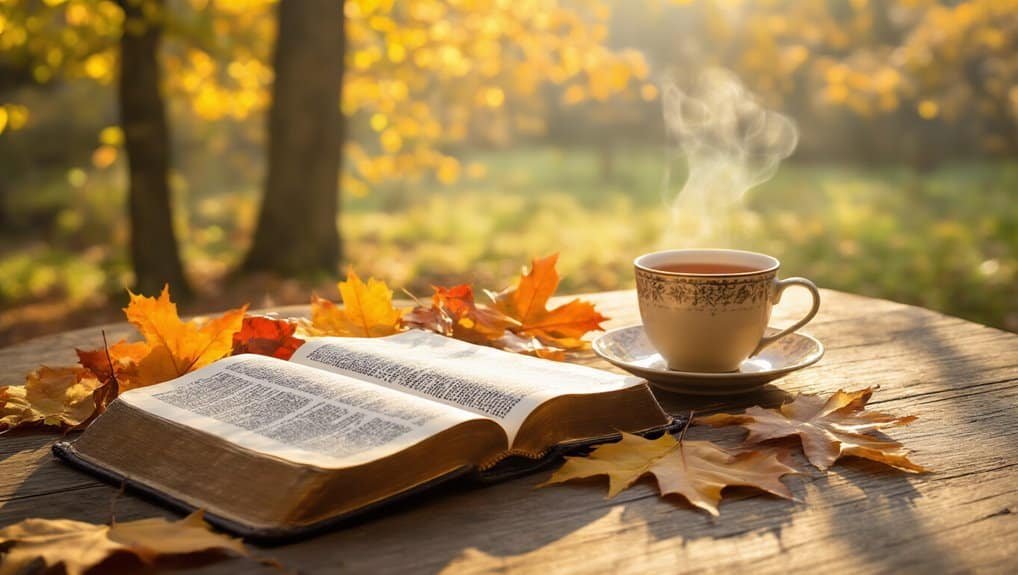 Peaceful autumn scene with an open Bible, steaming tea, and colorful fallen leaves on a wooden table, perfect for morning devotionals and spiritual reflection.