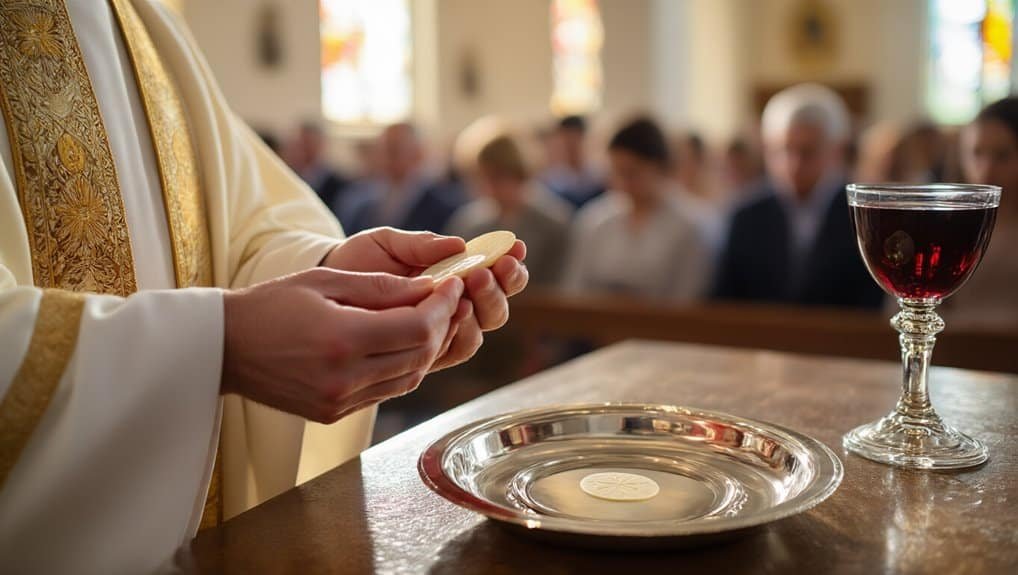 A priest holding communion wafer during a church service with congregation and religious symbols.