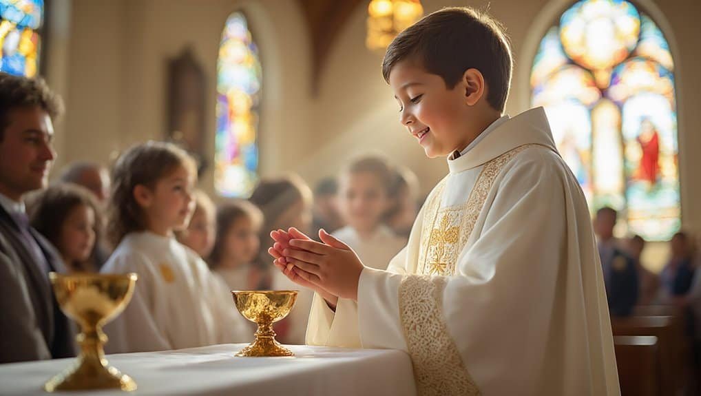 Celebrating First Holy Communion: A young boy in a priestly robe praying at the altar with golden chalices, within a church adorned with stained glass windows, symbolizing faith and devotion.