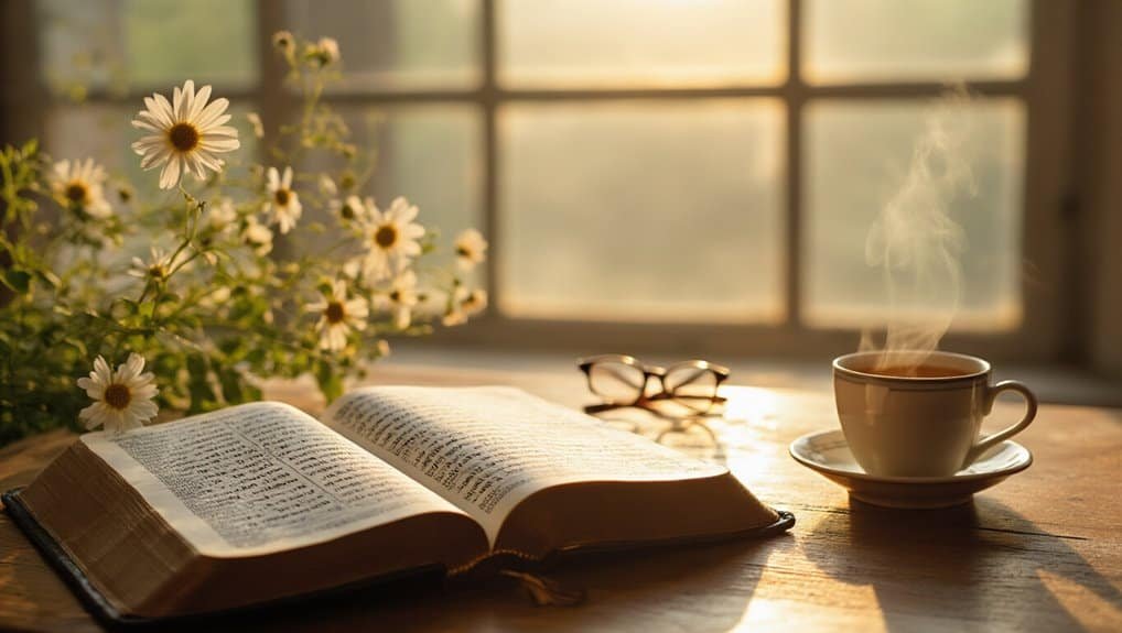 Prayer Bible Quotes in Hindi and English Language My Bible Song 2026 Sunlit open Bible with reading glasses, steaming cup of coffee, and daisies on a wooden table by a window, creating a peaceful setting for prayer and devotion in Christian faith.