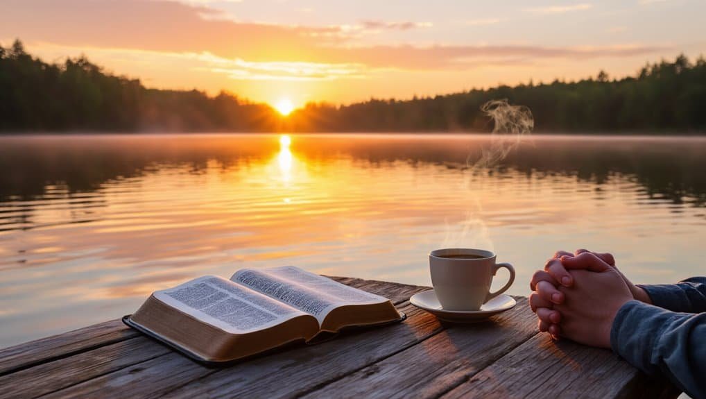 Powerful Morning Bible Verses to Inspire Your Day My Bible Song 2026 Serene outdoor scene with open Bible and steaming coffee by lake during sunrise for Bible prayer reflection.