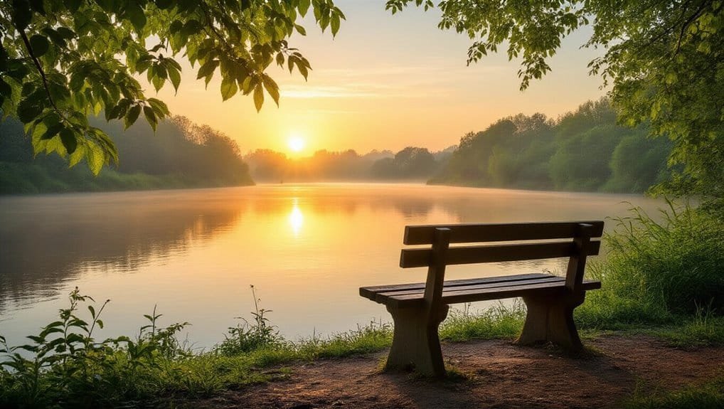 Peaceful riverside at sunset with a wooden bench, embodying serenity and reflection for Christian prayer, Bible study, and worship, inspiring spiritual connection and tranquility.