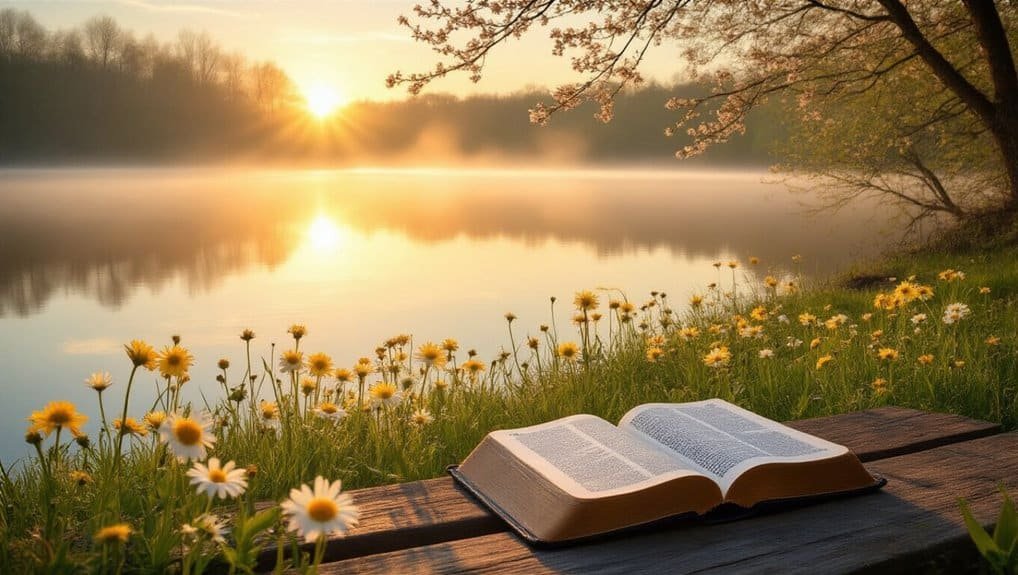 30 Inspirational Morning Bible Verses to Start Your Day with Hope My Bible Song 2026 Serene lake sunrise with open Bible on wooden dock surrounded by daisies, peaceful outdoor scene for religious reflection and spiritual inspiration.