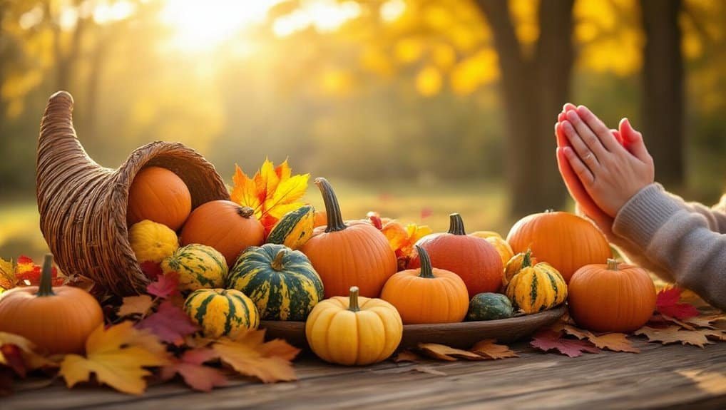 Vibrant autumn harvest display with pumpkins, gourds, and colorful fall leaves outdoors, perfect for Christian-themed fall activities.