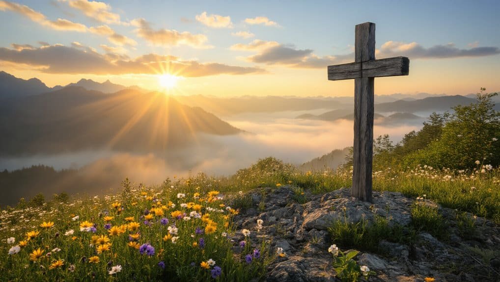 Sunrise over mountains with a wooden cross on rocky ground, vibrant wildflowers in foreground, creating a peaceful and spiritual scene for Bible song inspiration.