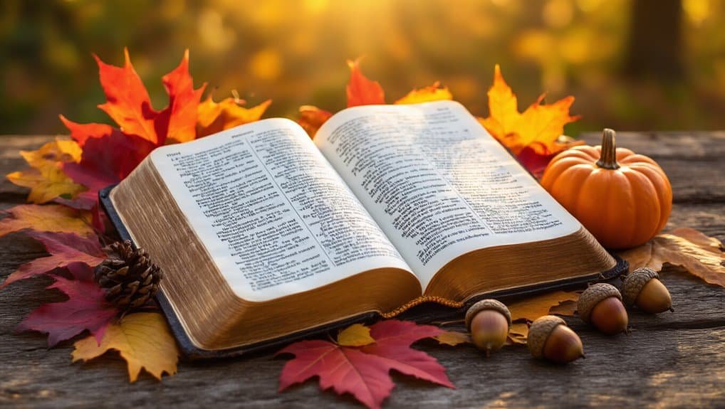 Best Bible Verses for Thanksgiving to Celebrate with Gratitude My Bible Song 2026 Open Bible with autumn leaves, pumpkin, and acorns for a fall-themed Christian worship or devotional setting.