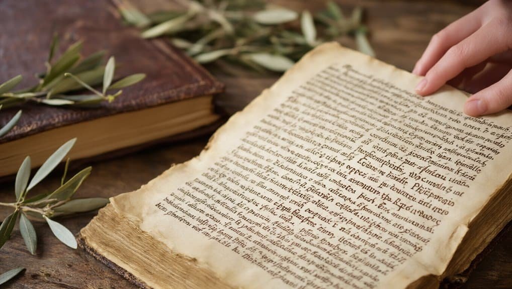 An ancient handwritten Bible page with olive branch and additional old Bible in background, spiritual worship, religious prayer, scripture study, Christian faith, biblical teachings, sacred text, faith-based devotion, religious literature.